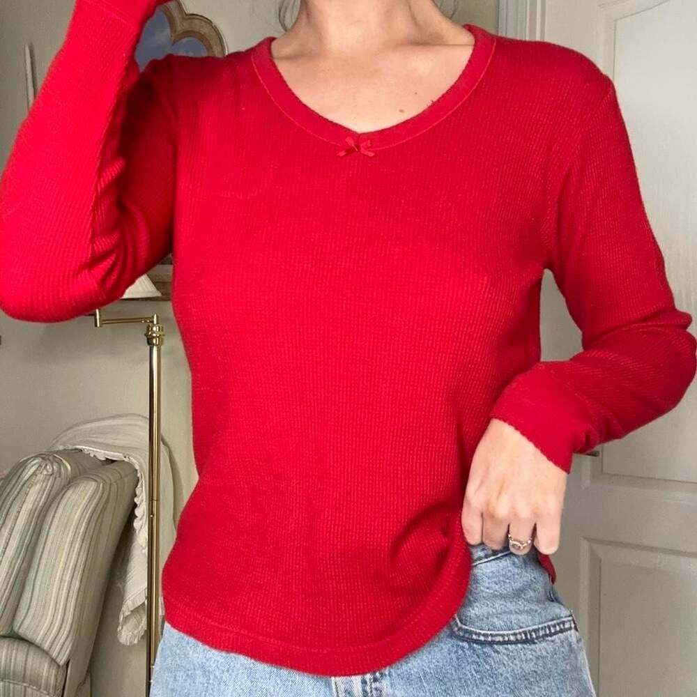 Victoria's Secret Country Authentic Red Waffle Knit Bow Top